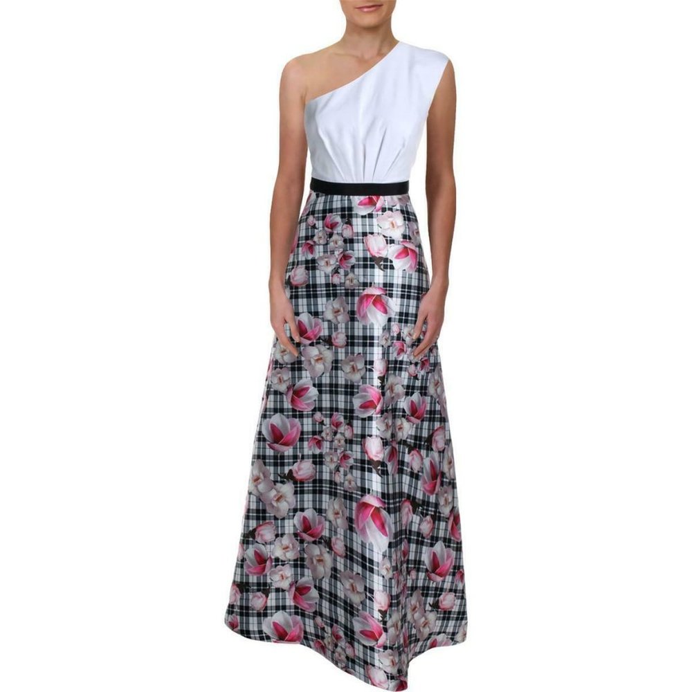 NWT Kay Unger Dress White Black Plaid Floral One Shoulder Gown Sz 6 #226